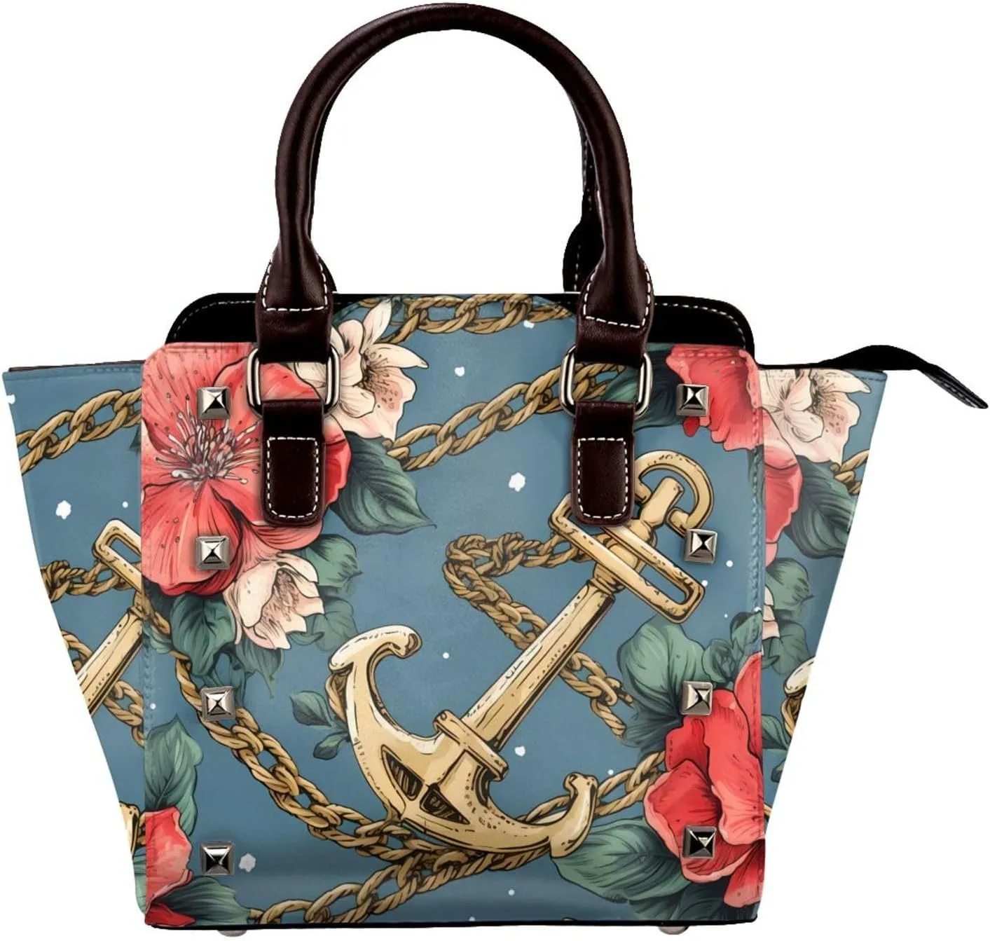 Leather Shoulder Bag for Women, Navy Anchor Studded Purse Sea Ocean Crossbody Handbags Punk Hobo Bag with Adjustable Strap