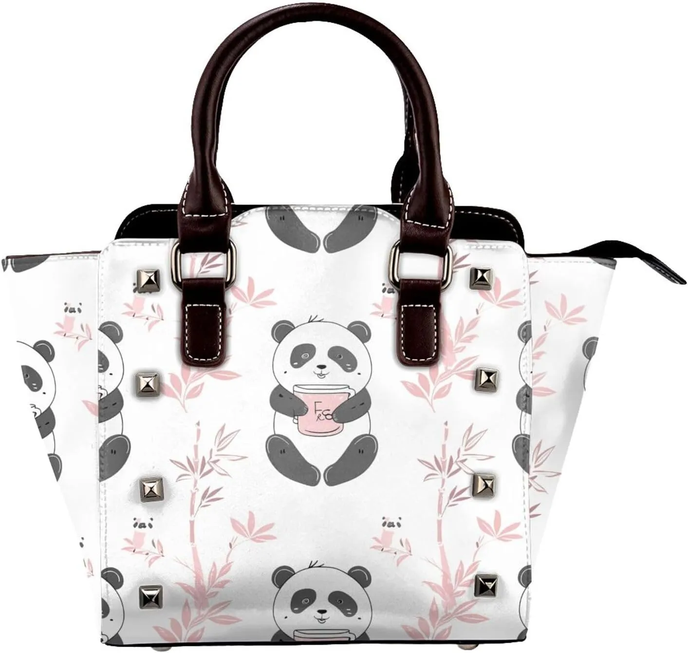 Leather Shoulder Bag for Women, Panda Coffee Studded Purse Cute Crossbody Handbags Punk Hobo Bag with Adjustable Strap
