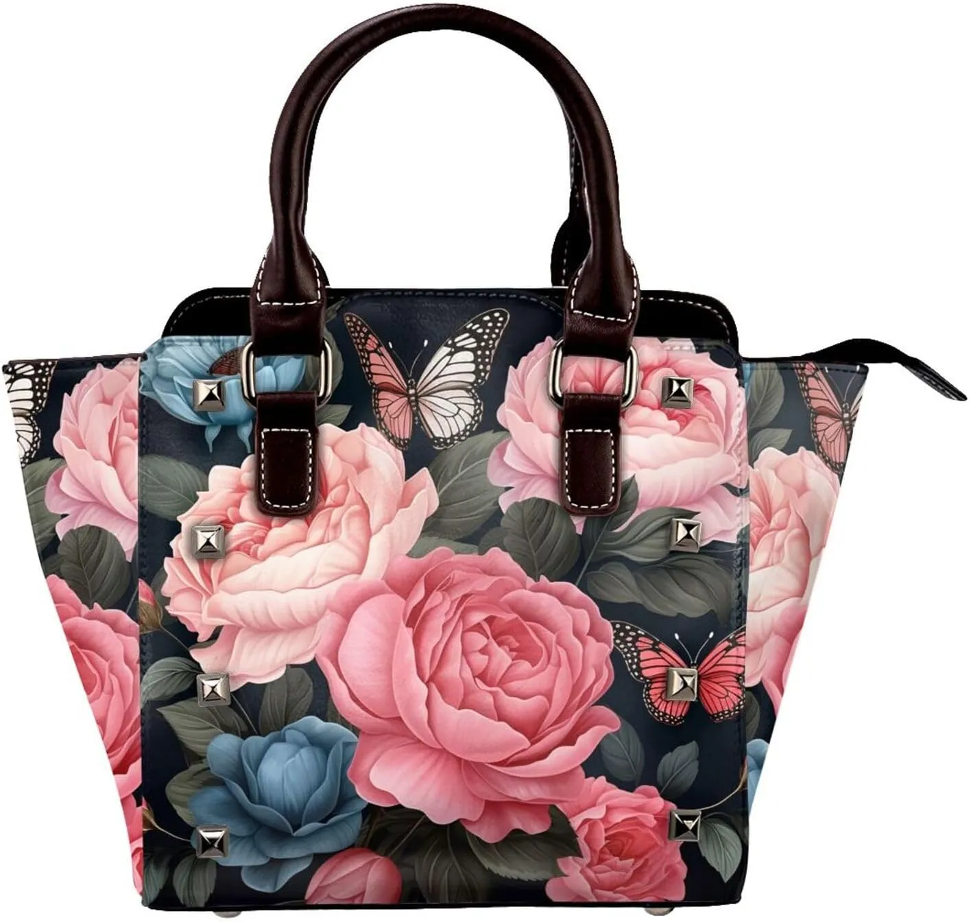 Leather Shoulder Bag for Women, Peony Rose Studded Purse Butterfly Crossbody Handbags Punk Hobo Bag with Adjustable Strap