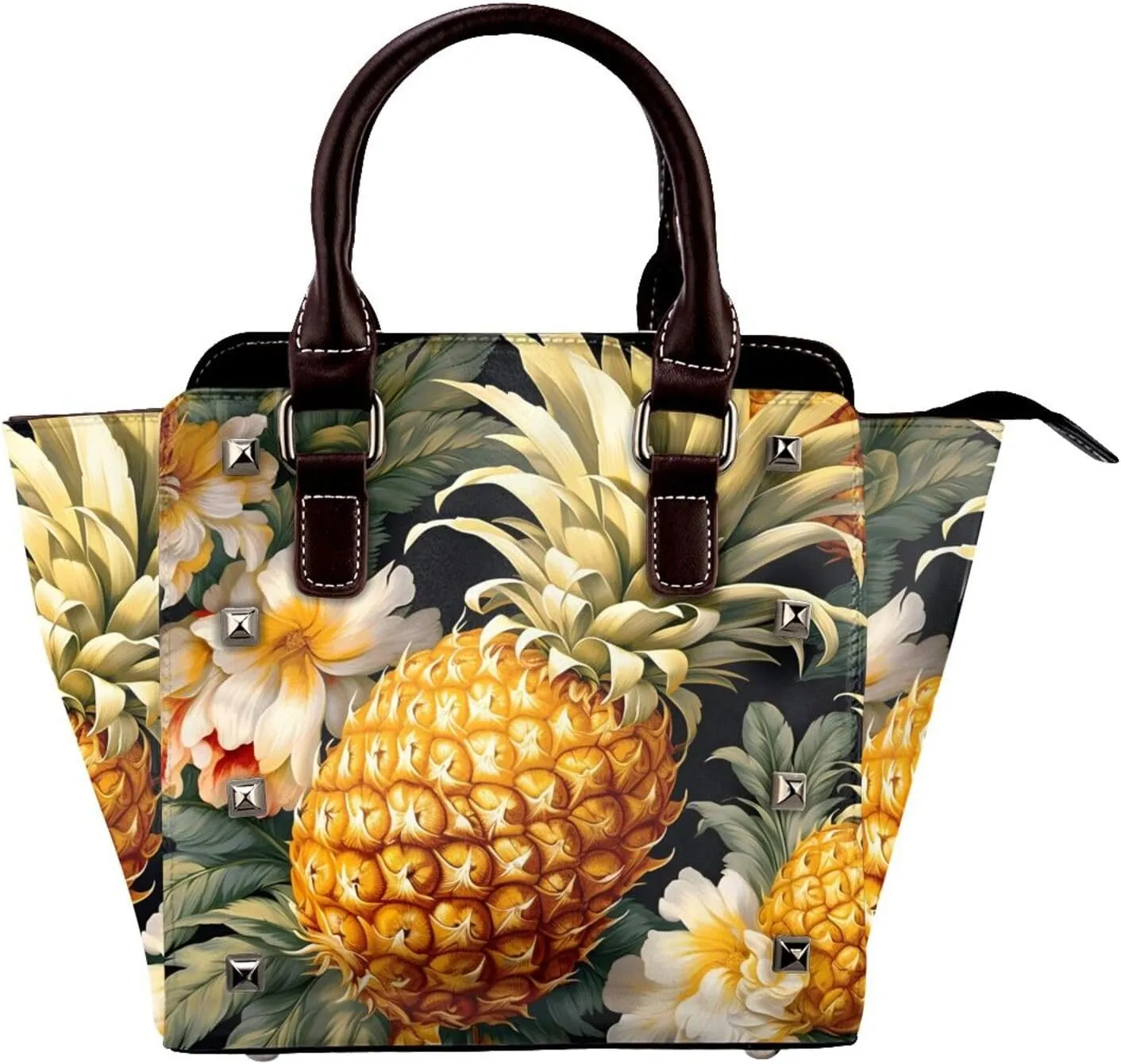 Leather Shoulder Bag for Women, Pineapple Flower Studded Purse Summer Fruit Crossbody Handbags Punk Hobo Bag with Adjustable Strap