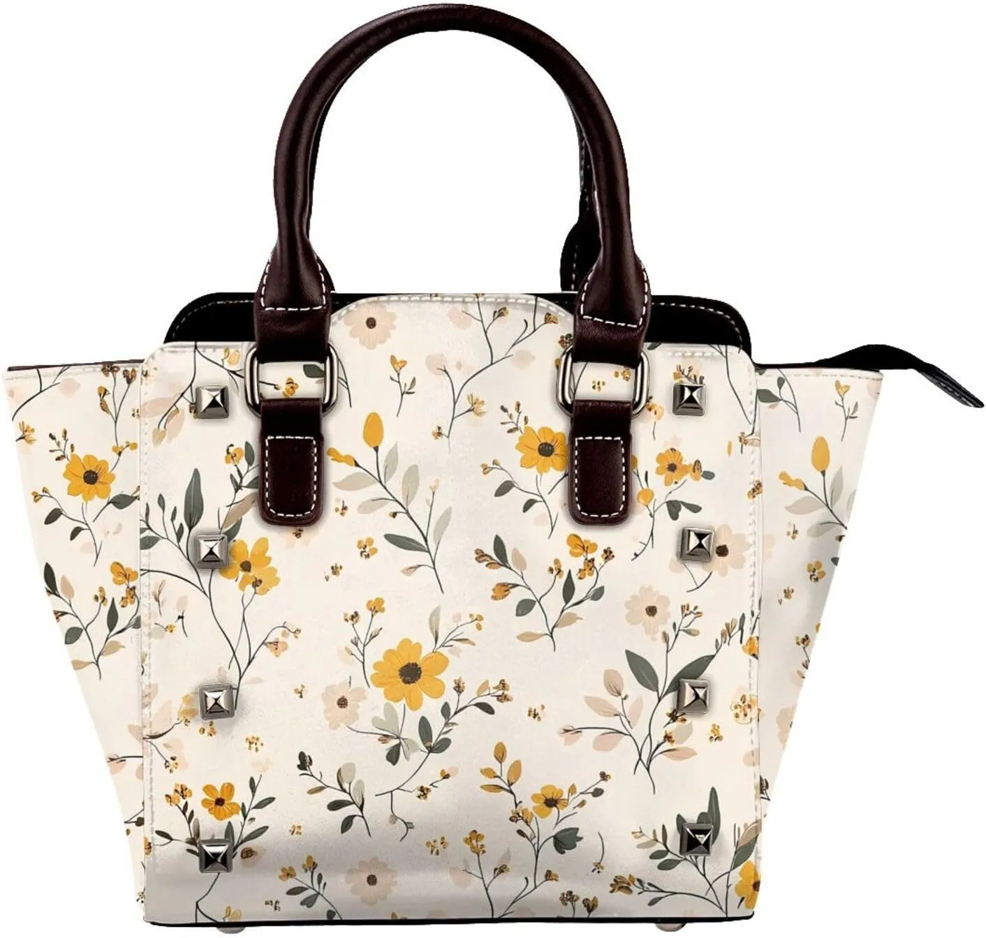 Leather Shoulder Bag for Women, Rustic Wild Flower Studded Purse Floral Leaves Crossbody Handbags Punk Hobo Bag with Adjustable Strap