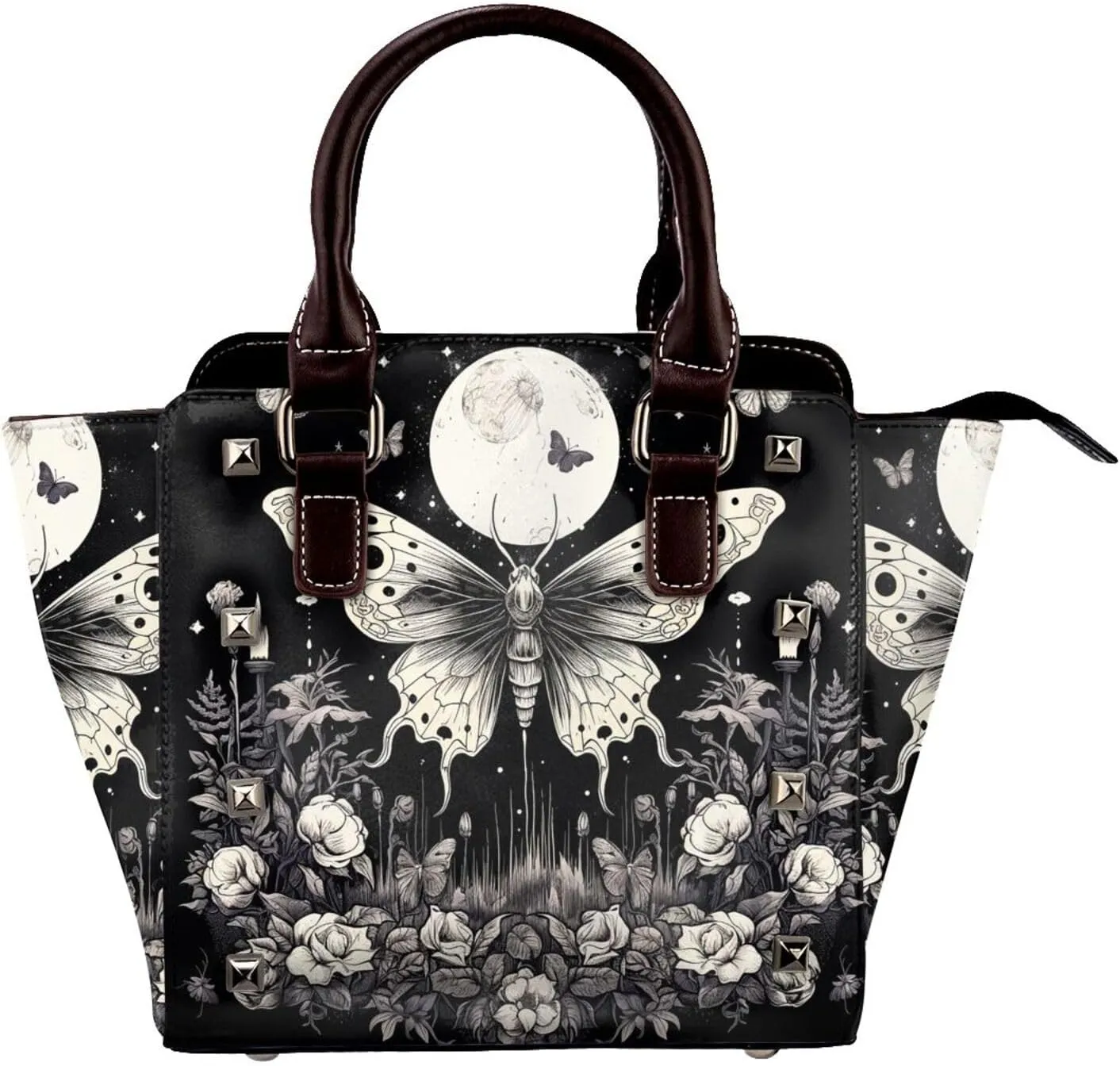 Leather Shoulder Bag for Women, Skull Butterfly Gothic Studded Purse Halloween Crossbody Handbags Punk Hobo Bag with Adjustable Strap