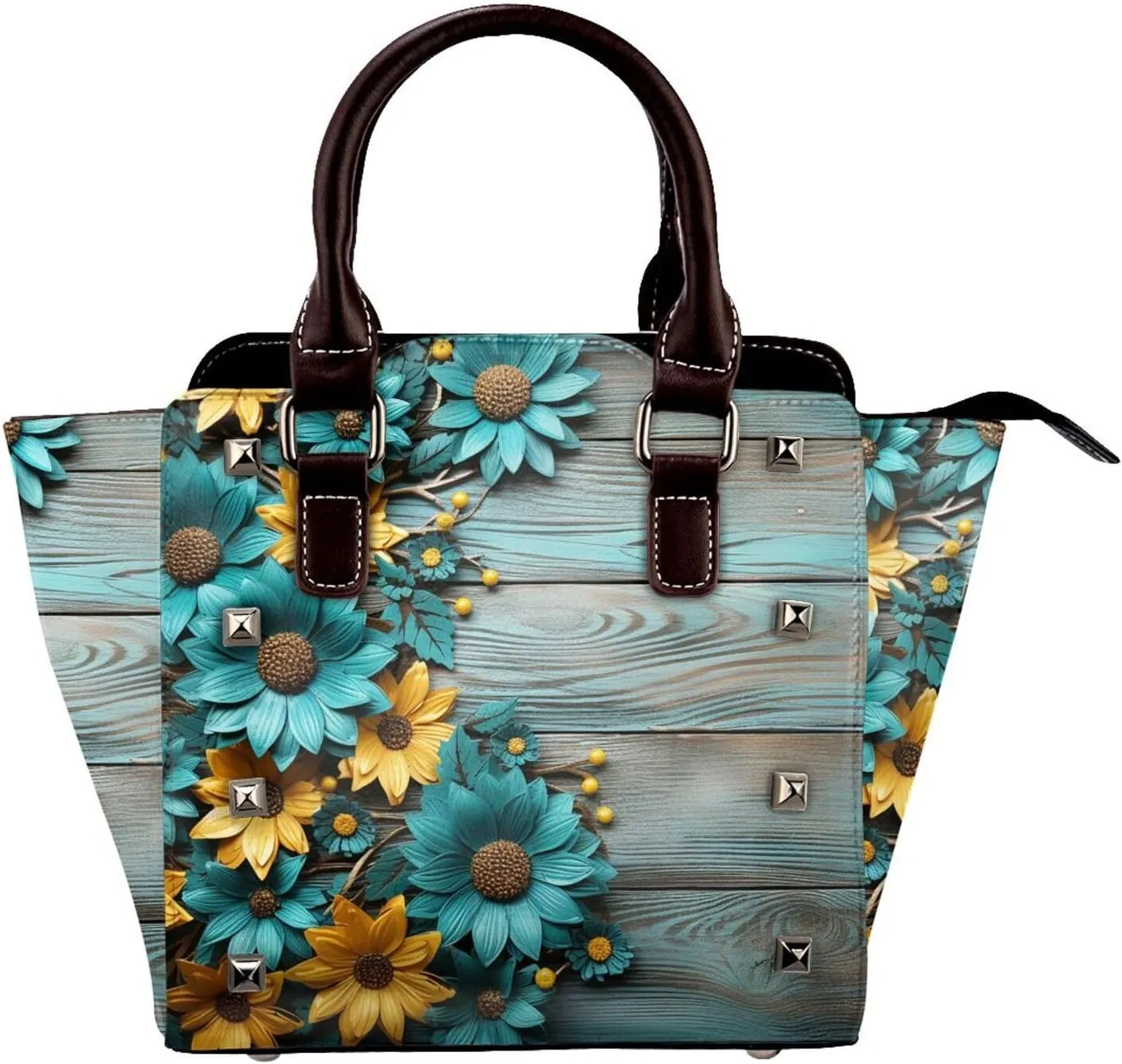 Leather Shoulder Bag for Women, Sunflower Teal Studded Purse Vintage Wooden Board Crossbody Handbags Punk Hobo Bag with Adjustable Strap