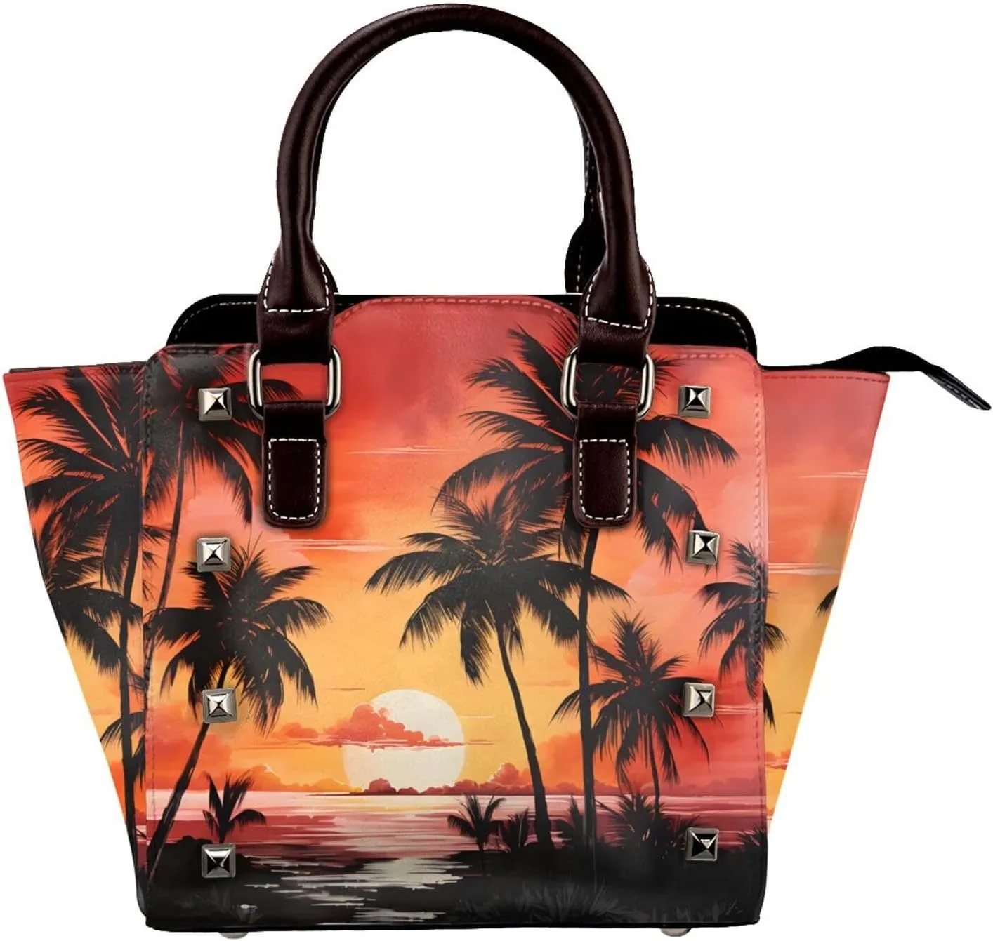 Leather Shoulder Bag for Women, Sunset Ocean Beach Studded Purse Tropical Tree Crossbody Handbags Punk Hobo Bag with Adjustable Strap
