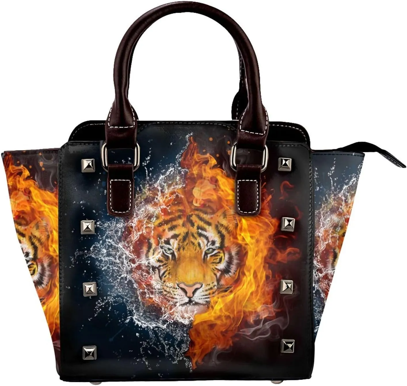Leather Shoulder Bag for Women, Tiger In Fire Water Studded Purse Animal Crossbody Handbags Punk Hobo Bag with Adjustable Strap