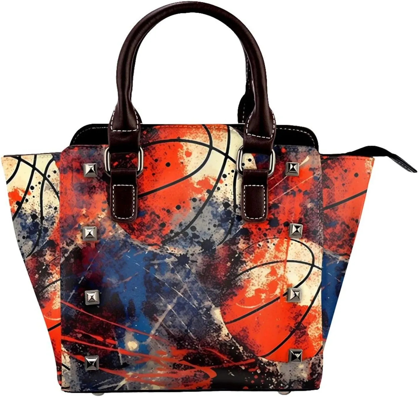 Leather Shoulder Bag for Women, Vintage Basketball Studded Purse Sport Ball Crossbody Handbags Punk Hobo Bag with Adjustable Strap