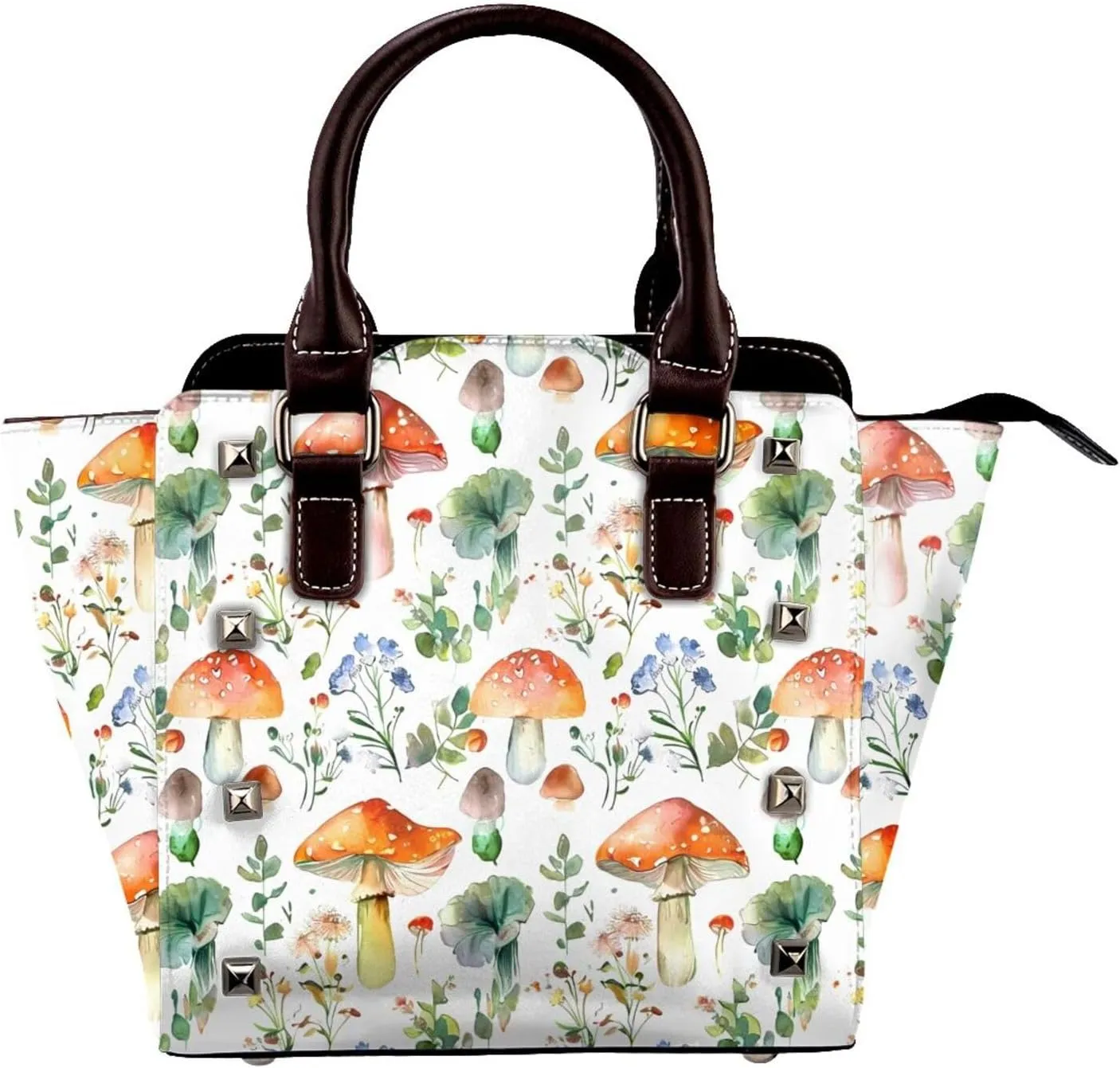 Leather Shoulder Bag for Women, Watercolor Forest Mushroom Studded Purse Colorful Crossbody Handbags Punk Hobo Bag with Adjustable Strap