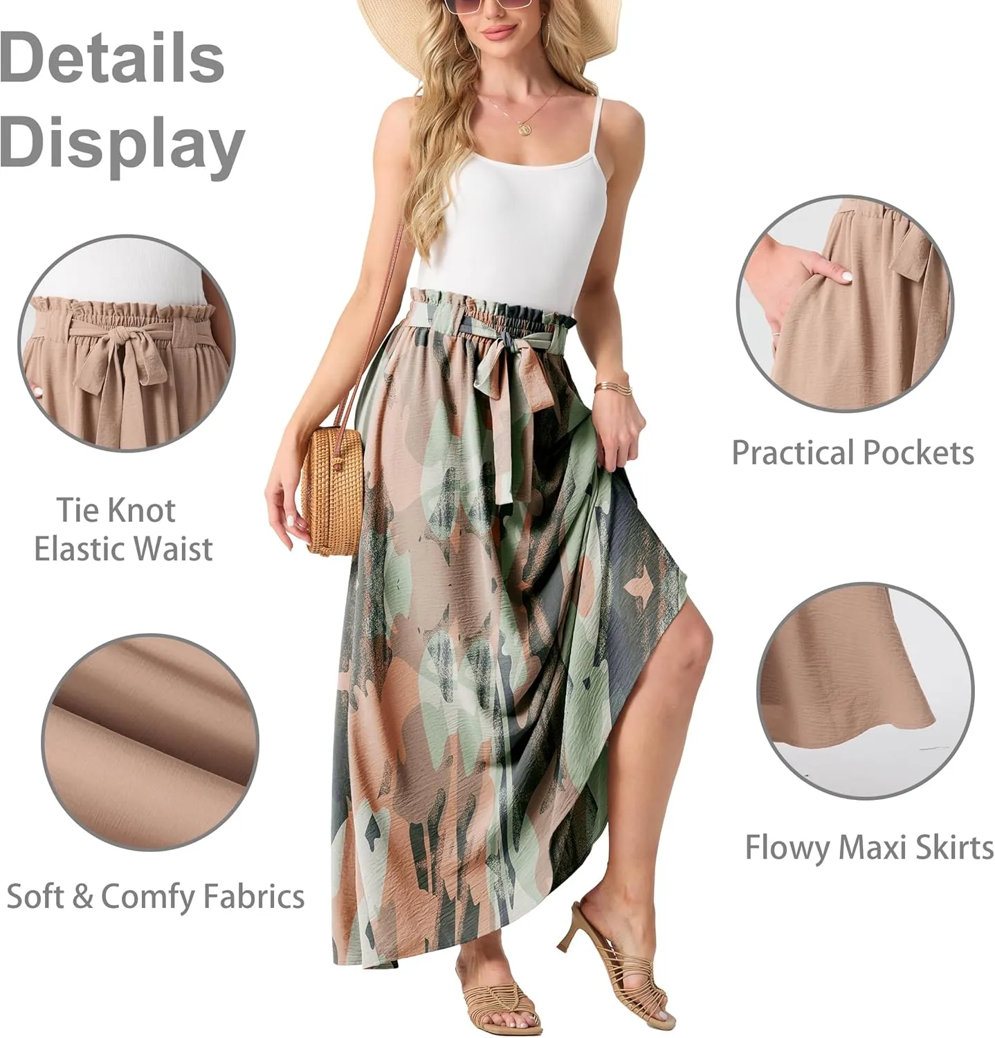 Lepunuo Womens Maxi Skirts Casual Boho Elastic High Waisted Flowy Long Skirts Trendy Floral Cute Skirts with Pockets