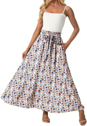 Lepunuo Womens Maxi Skirts Casual Boho Elastic High Waisted Flowy Long Skirts Trendy Floral Cute Skirts with Pockets