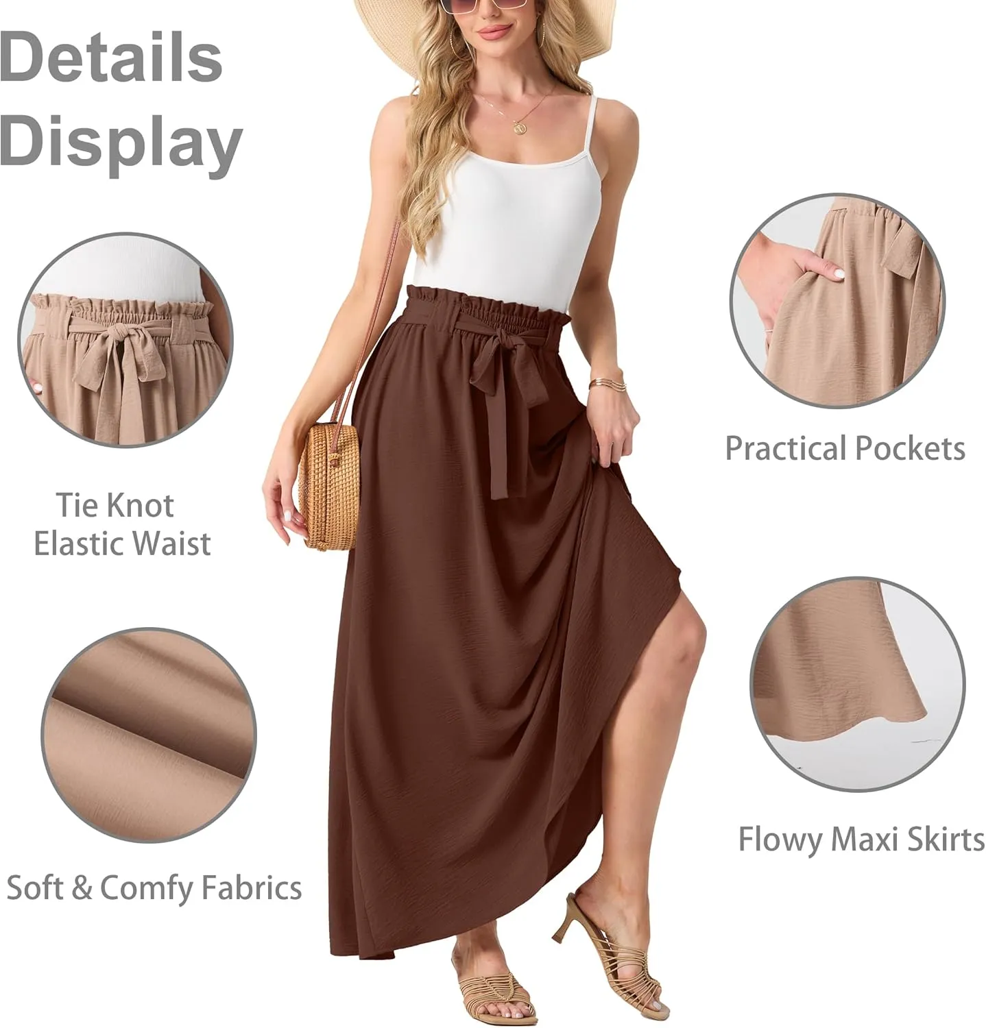 Lepunuo Womens Maxi Skirts Casual Boho Elastic High Waisted Flowy Long Skirts Trendy Floral Cute Skirts with Pockets