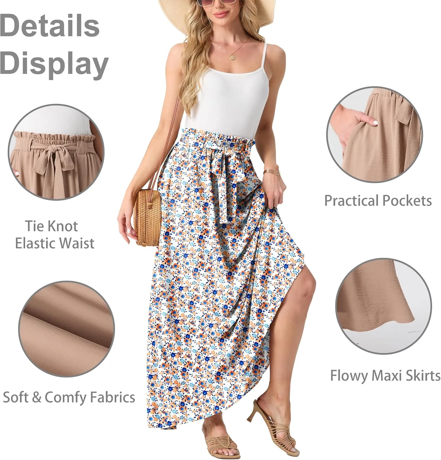 Lepunuo Womens Maxi Skirts Casual Boho Elastic High Waisted Flowy Long Skirts Trendy Floral Cute Skirts with Pockets