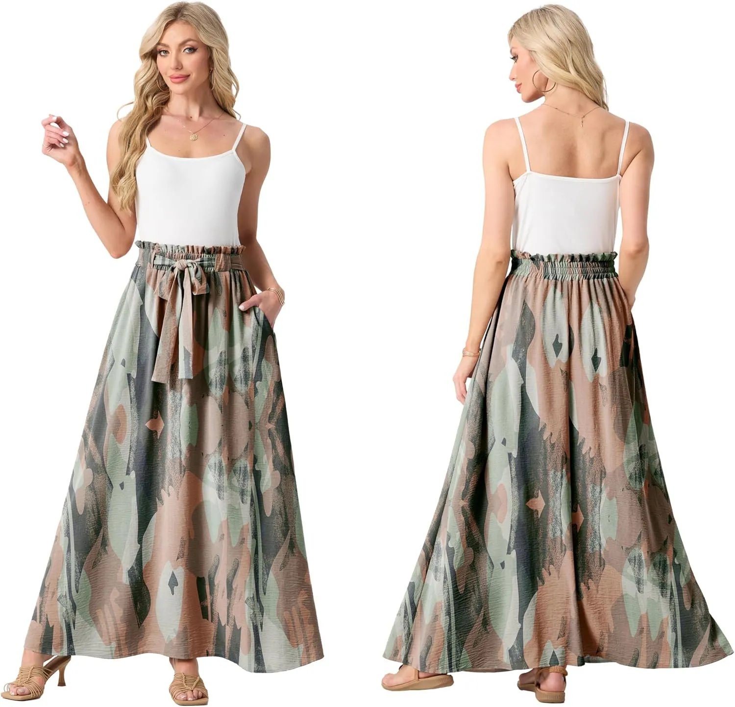Lepunuo Womens Maxi Skirts Casual Boho Elastic High Waisted Flowy Long Skirts Trendy Floral Cute Skirts with Pockets