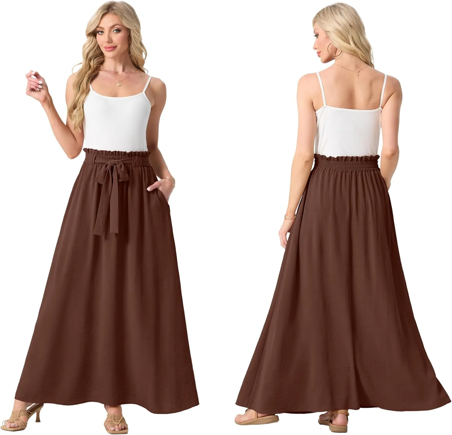 Lepunuo Womens Maxi Skirts Casual Boho Elastic High Waisted Flowy Long Skirts Trendy Floral Cute Skirts with Pockets