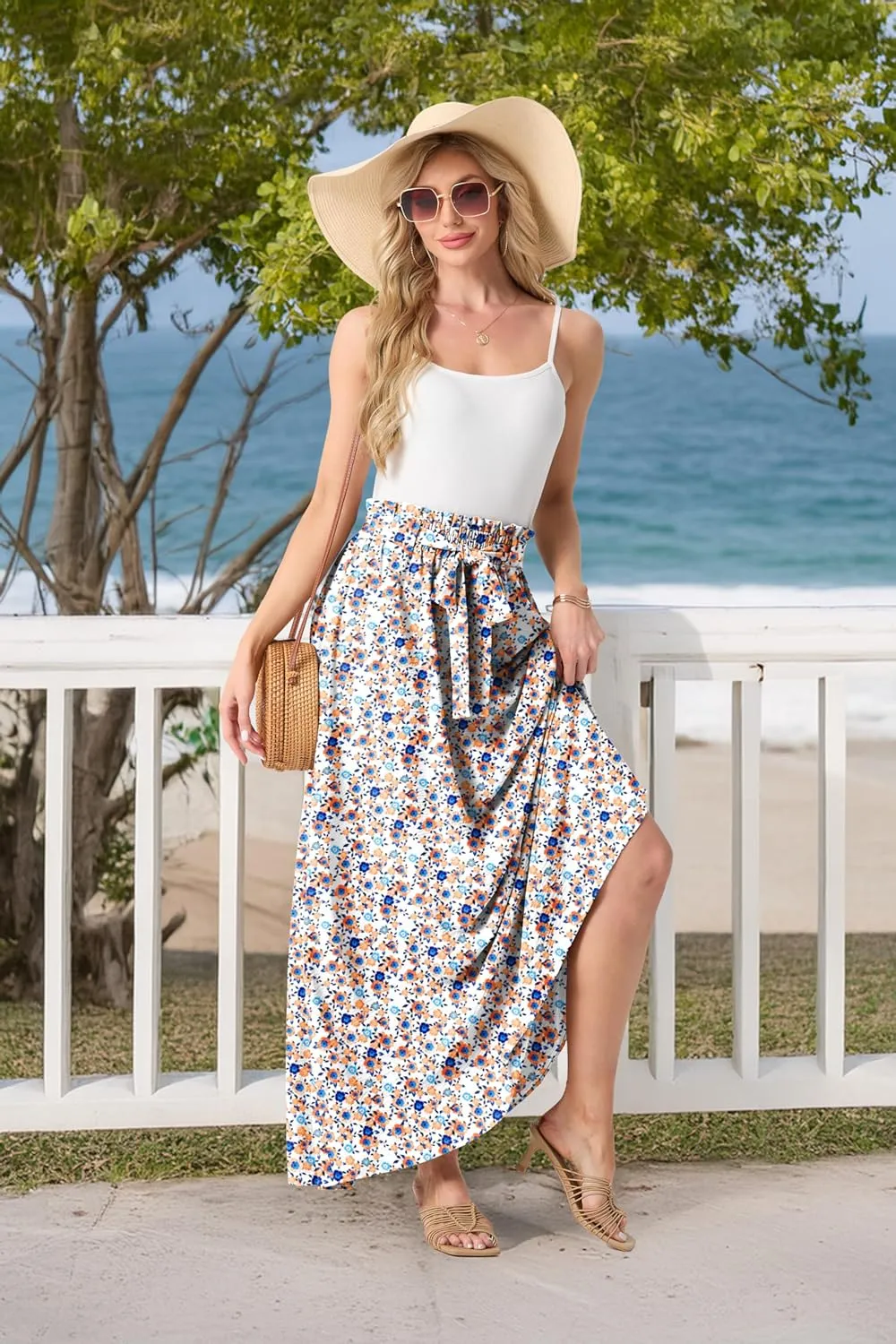 Lepunuo Womens Maxi Skirts Casual Boho Elastic High Waisted Flowy Long Skirts Trendy Floral Cute Skirts with Pockets