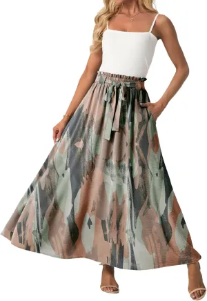 Lepunuo Womens Maxi Skirts Casual Boho Elastic High Waisted Flowy Long Skirts Trendy Floral Cute Skirts with Pockets