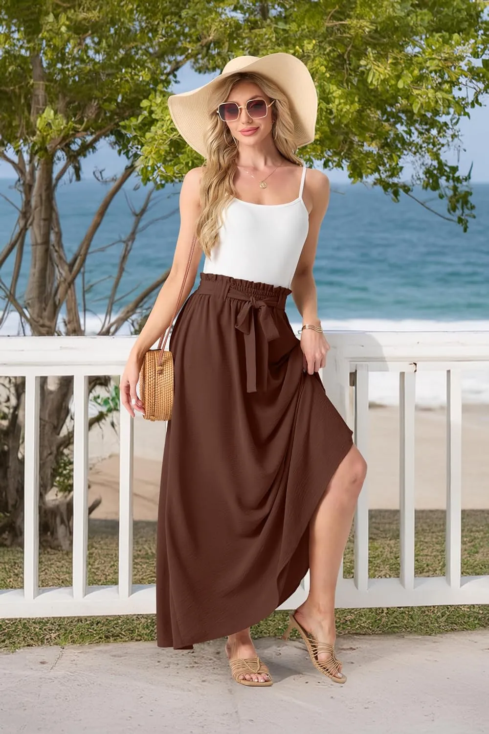 Lepunuo Womens Maxi Skirts Casual Boho Elastic High Waisted Flowy Long Skirts Trendy Floral Cute Skirts with Pockets