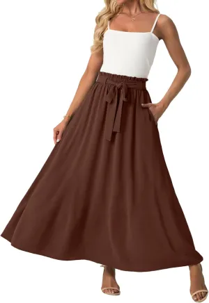Lepunuo Womens Maxi Skirts Casual Boho Elastic High Waisted Flowy Long Skirts Trendy Floral Cute Skirts with Pockets