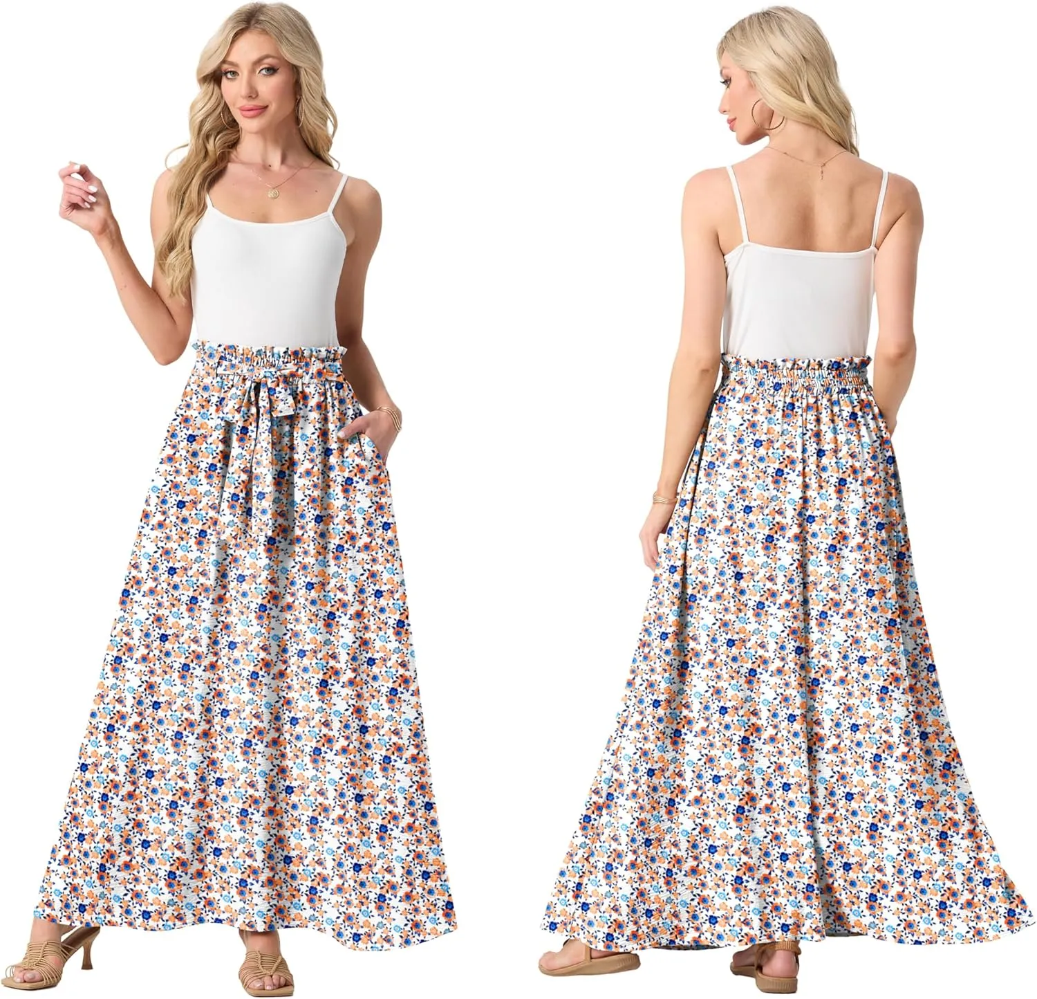 Lepunuo Womens Maxi Skirts Casual Boho Elastic High Waisted Flowy Long Skirts Trendy Floral Cute Skirts with Pockets