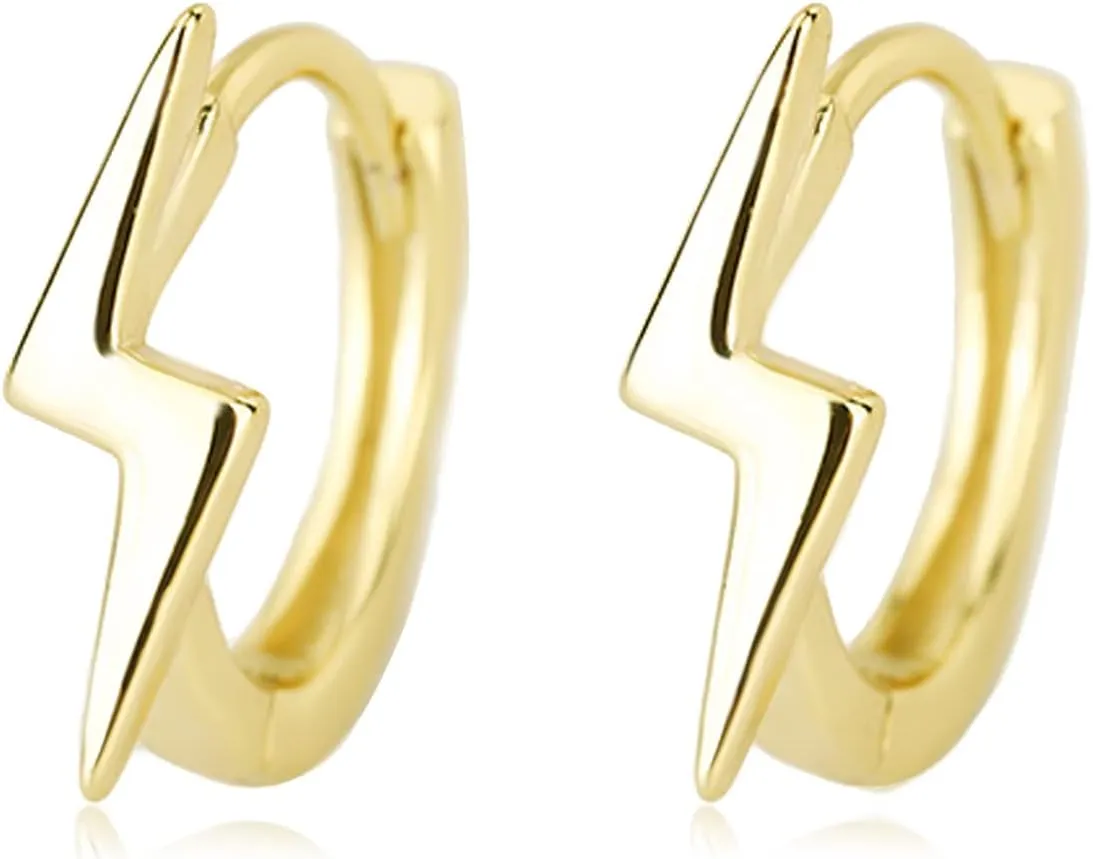 Lightning Bolt Hoop Earrings 14 K Gold Plated Small Cute Huggie Hoop Earrings for Women Men Girls Minimalist Tiny Dainty Unisex lightening Earrings Hypoallergenic jewelry Gifts