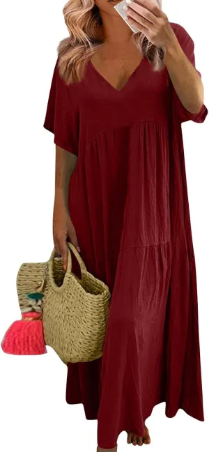 Linen Dress Women Summer Short Sleeve V Neck Plus Size Maxi Dresses Casual Flowy Loose Long Vacation Beach Sundress
