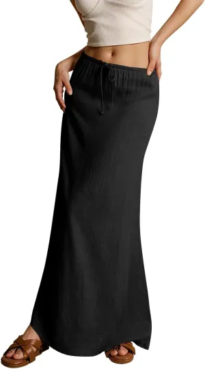 Linen Maxi Skirt for Women 2025 Summer Boho Flowy Long Skirts Drawstring Waist Y2k A Line Skirt Beach Cover Up Skirts