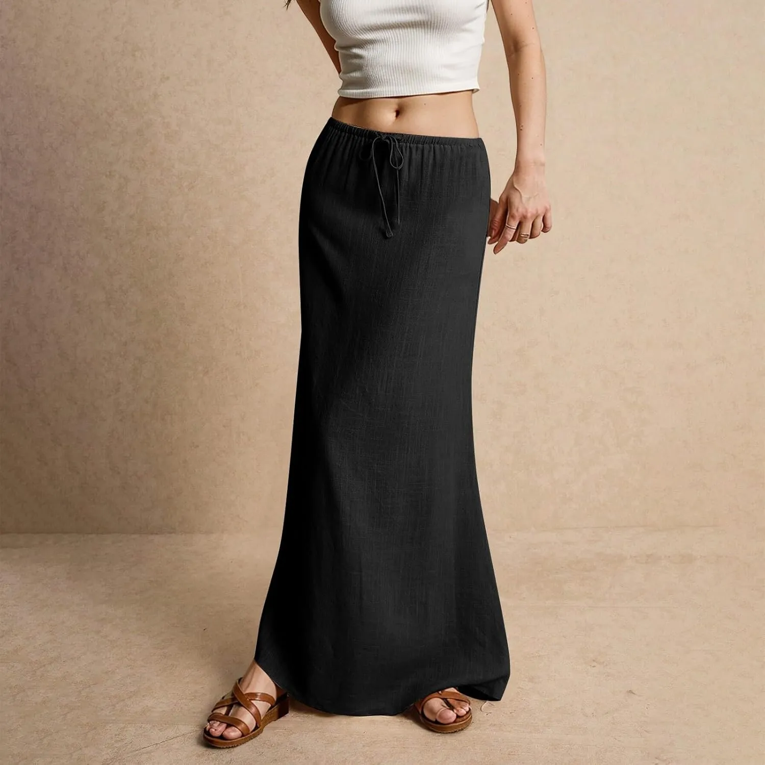 Linen Maxi Skirt for Women 2025 Summer Boho Flowy Long Skirts Drawstring Waist Y2k A Line Skirt Beach Cover Up Skirts