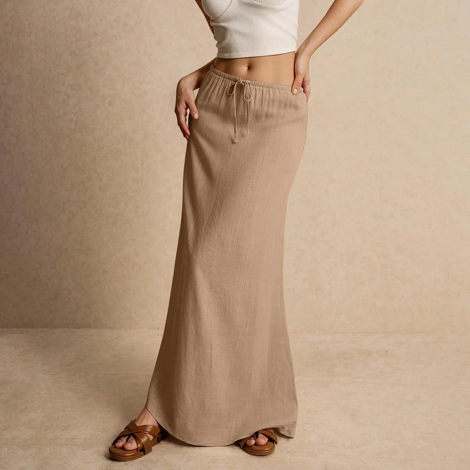 Linen Maxi Skirt for Women 2025 Summer Boho Flowy Long Skirts Drawstring Waist Y2k A Line Skirt Beach Cover Up Skirts