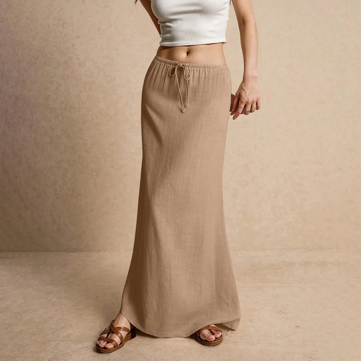 Linen Maxi Skirt for Women 2025 Summer Boho Flowy Long Skirts Drawstring Waist Y2k A Line Skirt Beach Cover Up Skirts