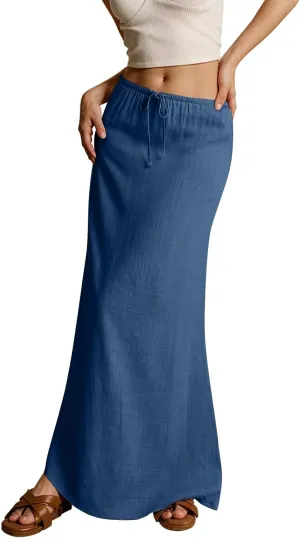 Linen Maxi Skirt for Women 2025 Summer Boho Flowy Long Skirts Drawstring Waist Y2k A Line Skirt Beach Cover Up Skirts