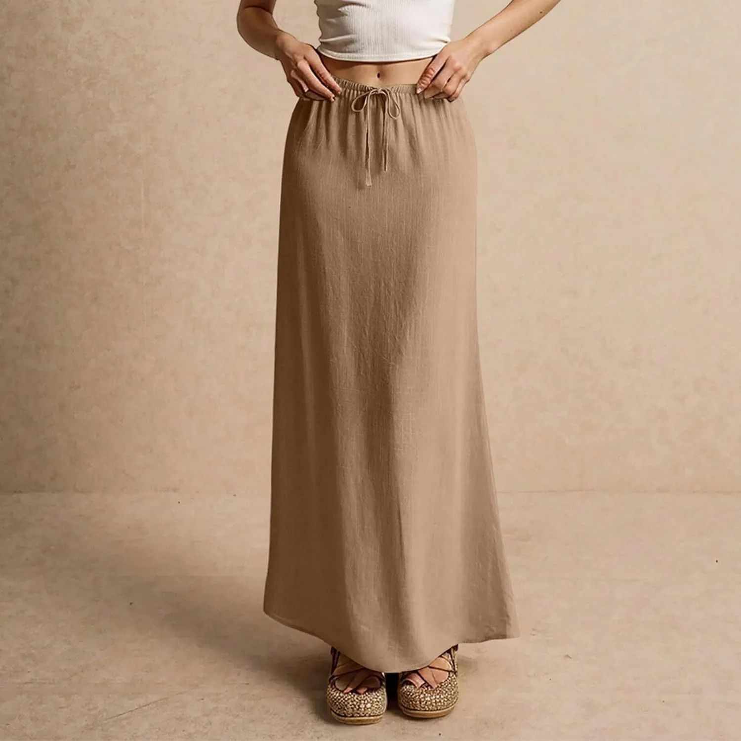 Linen Maxi Skirt for Women 2025 Summer Boho Flowy Long Skirts Drawstring Waist Y2k A Line Skirt Beach Cover Up Skirts