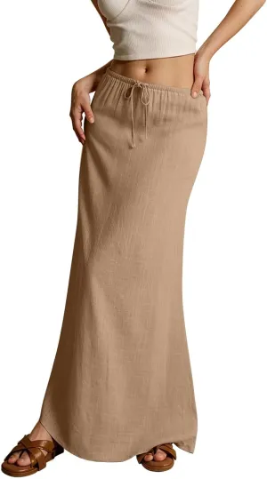 Linen Maxi Skirt for Women 2025 Summer Boho Flowy Long Skirts Drawstring Waist Y2k A Line Skirt Beach Cover Up Skirts