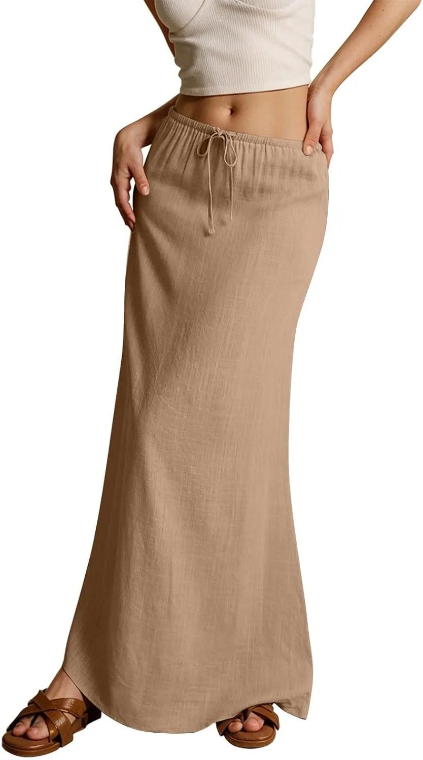 Linen Maxi Skirt for Women 2025 Summer Boho Flowy Long Skirts Drawstring Waist Y2k A Line Skirt Beach Cover Up Skirts