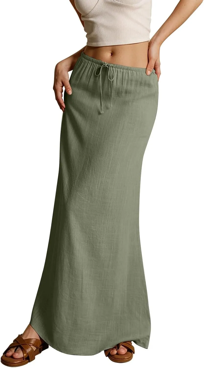 Linen Maxi Skirt for Women Trendy Summer Boho Flowy Drawstring A Line Skirts High Waisted Long Wrap Skirt