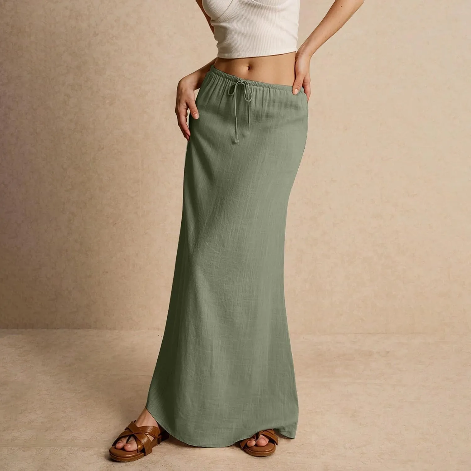 Linen Maxi Skirt for Women Trendy Summer Boho Flowy Drawstring A Line Skirts High Waisted Long Wrap Skirt