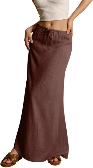 Linen Maxi Skirt for Women Trendy Summer Boho Flowy Drawstring A Line Skirts High Waisted Long Wrap Skirt