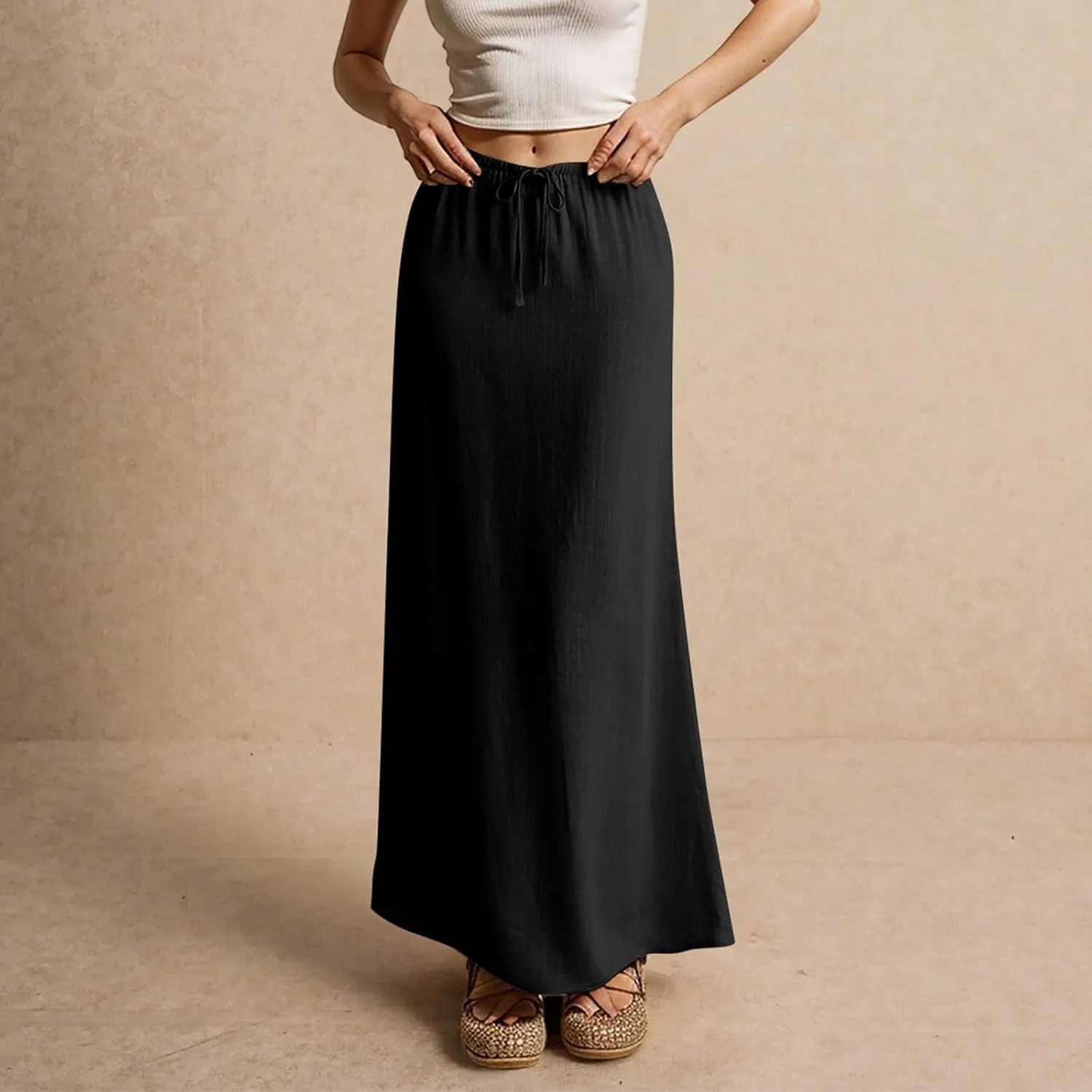 Linen Maxi Skirt for Women Trendy Summer Boho Flowy Drawstring A Line Skirts High Waisted Long Wrap Skirt