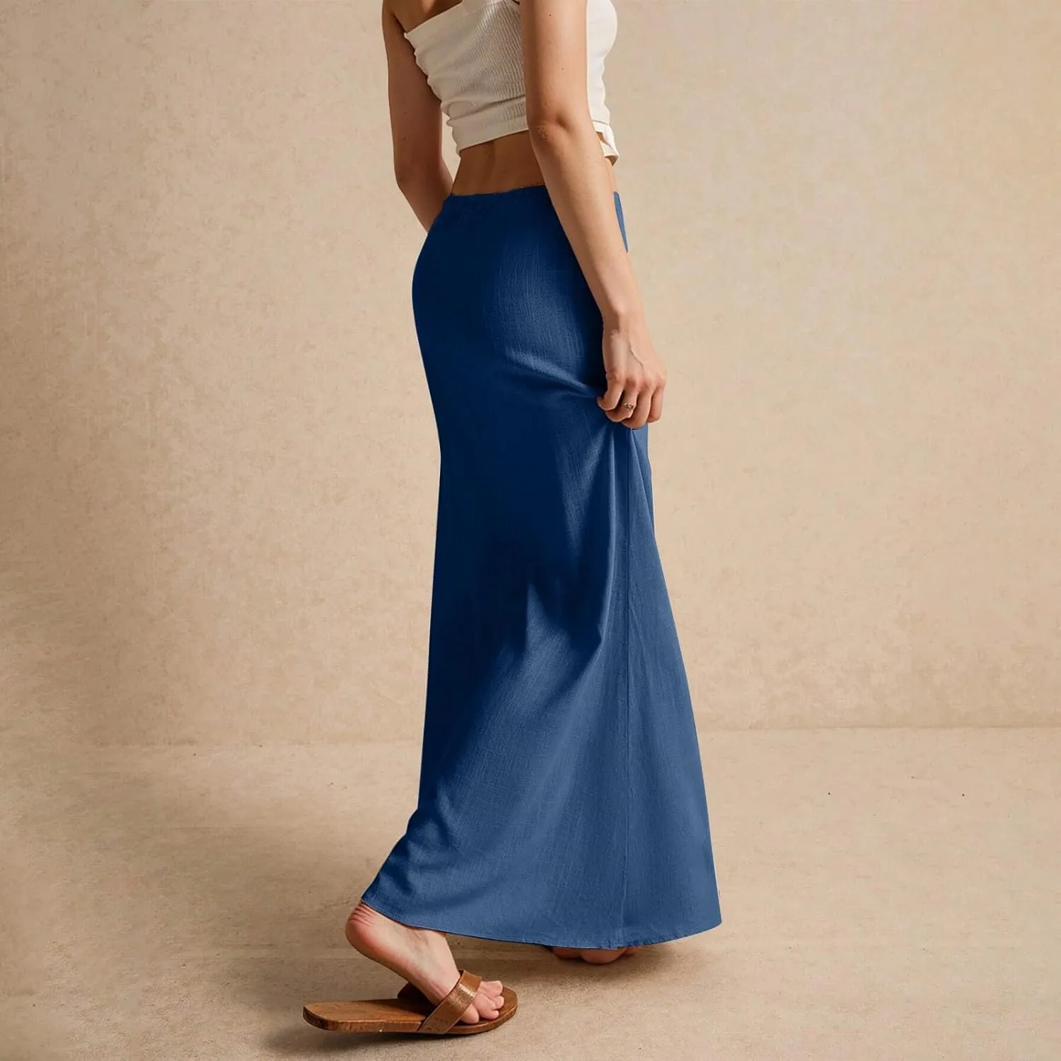 Linen Maxi Skirt for Women Trendy Summer Boho Flowy Drawstring A Line Skirts High Waisted Long Wrap Skirt
