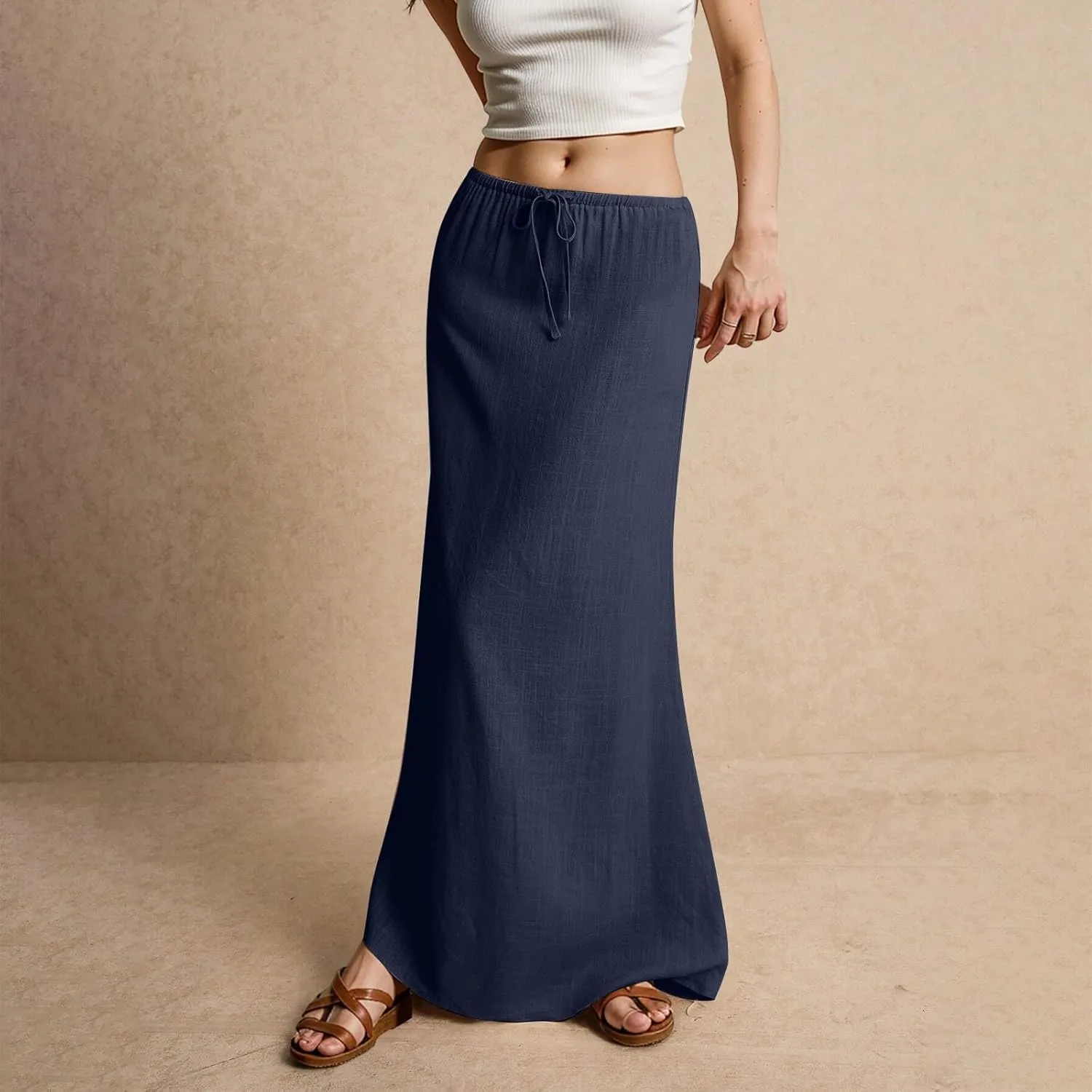 Linen Maxi Skirt for Women Trendy Summer Boho Flowy Drawstring A Line Skirts High Waisted Long Wrap Skirt