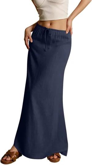Linen Maxi Skirt for Women Trendy Summer Boho Flowy Drawstring A Line Skirts High Waisted Long Wrap Skirt