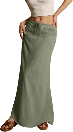 Linen Maxi Skirt for Women Trendy Summer Boho Flowy Drawstring A Line Skirts High Waisted Long Wrap Skirt