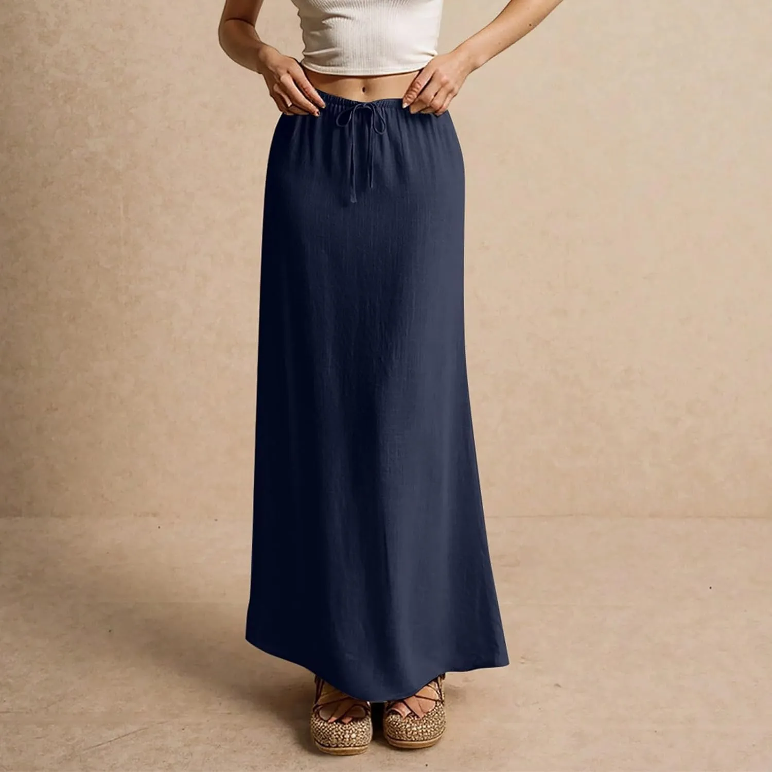 Linen Maxi Skirt for Women Trendy Summer Boho Flowy Drawstring A Line Skirts High Waisted Long Wrap Skirt