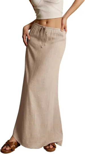 Linen Maxi Skirt for Women Trendy Summer Boho Flowy Drawstring A Line Skirts High Waisted Long Wrap Skirt