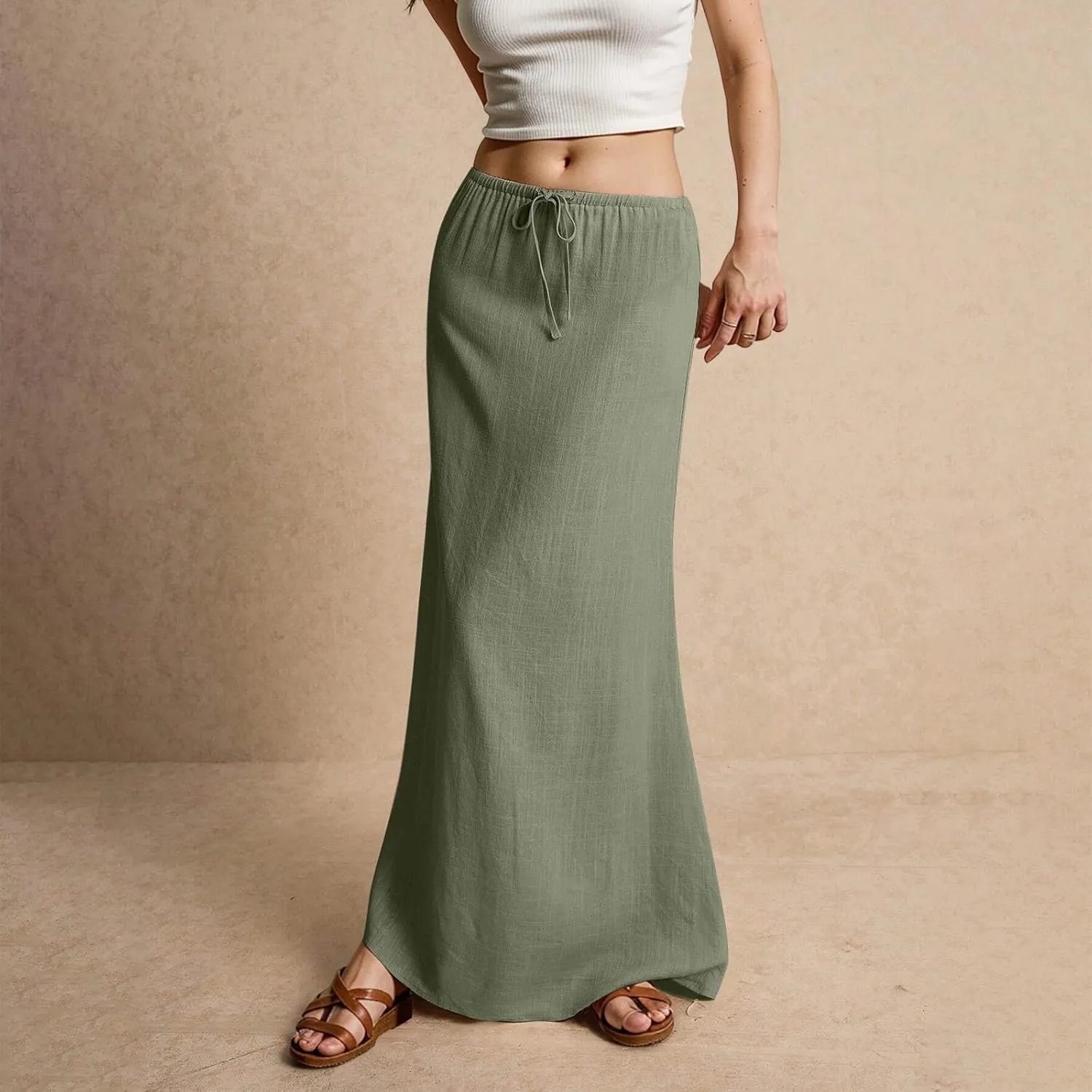 Linen Maxi Skirt for Women Trendy Summer Boho Flowy Drawstring A Line Skirts High Waisted Long Wrap Skirt