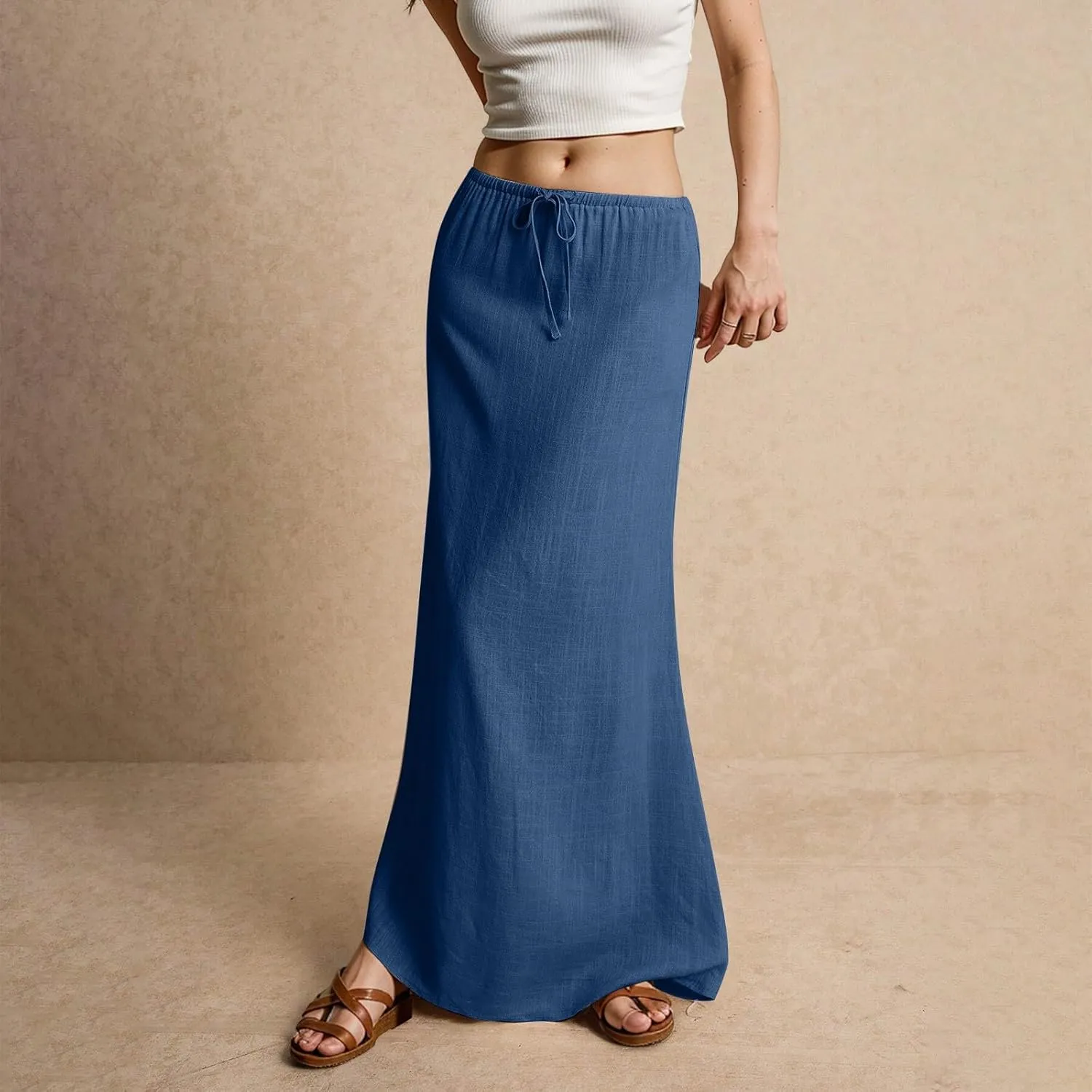 Linen Maxi Skirt for Women Trendy Summer Boho Flowy Drawstring A Line Skirts High Waisted Long Wrap Skirt