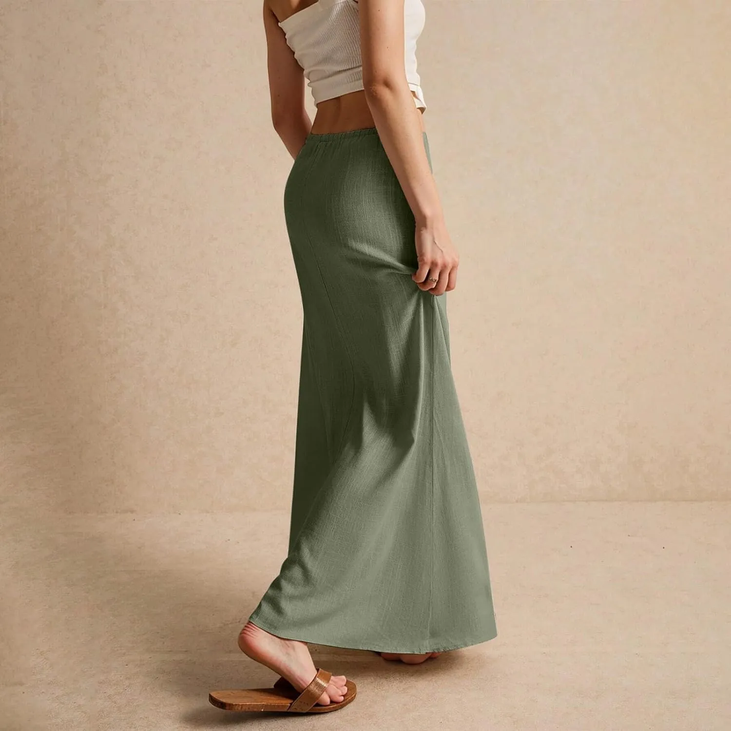 Linen Maxi Skirt for Women Trendy Summer Boho Flowy Drawstring A Line Skirts High Waisted Long Wrap Skirt