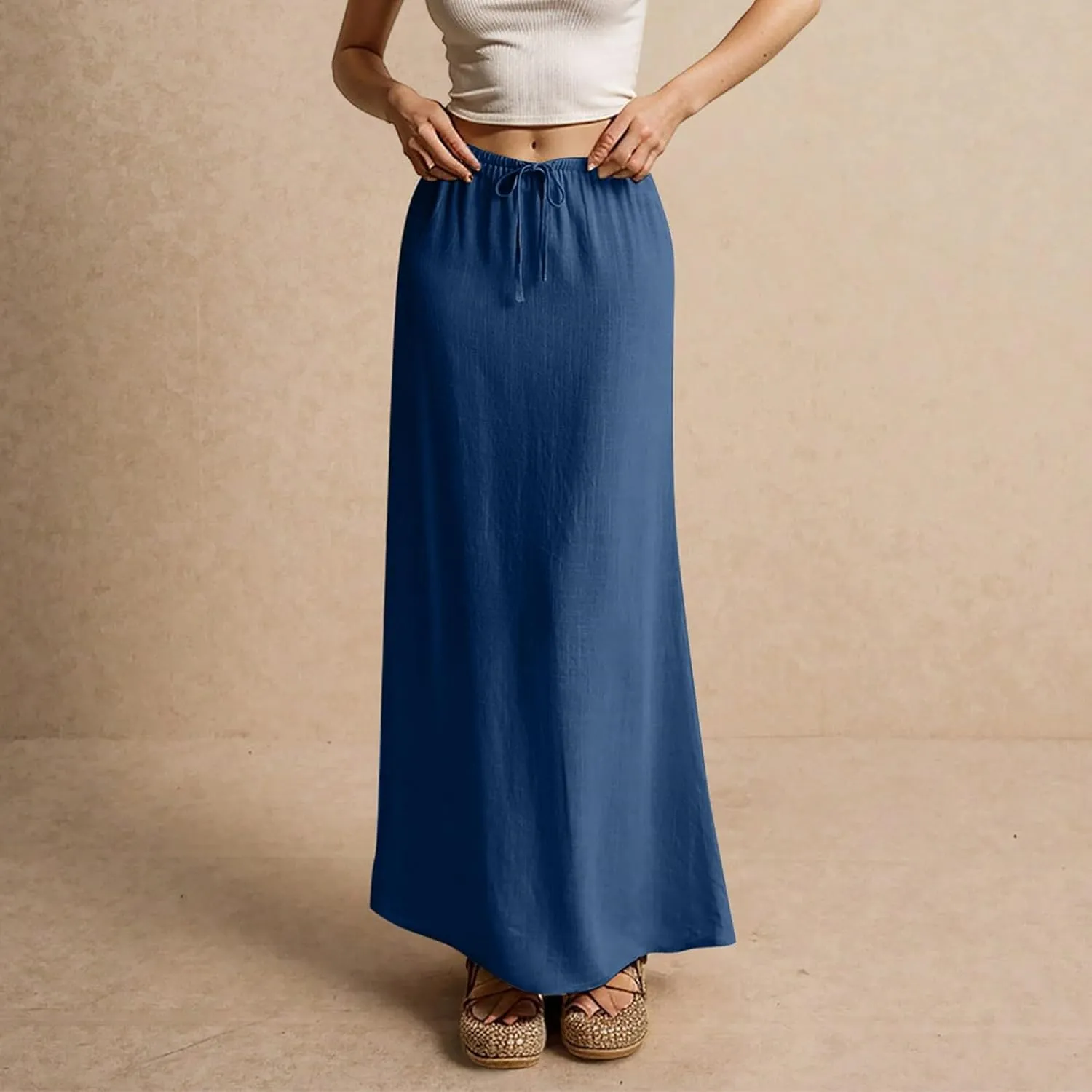 Linen Maxi Skirt for Women Trendy Summer Boho Flowy Drawstring A Line Skirts High Waisted Long Wrap Skirt