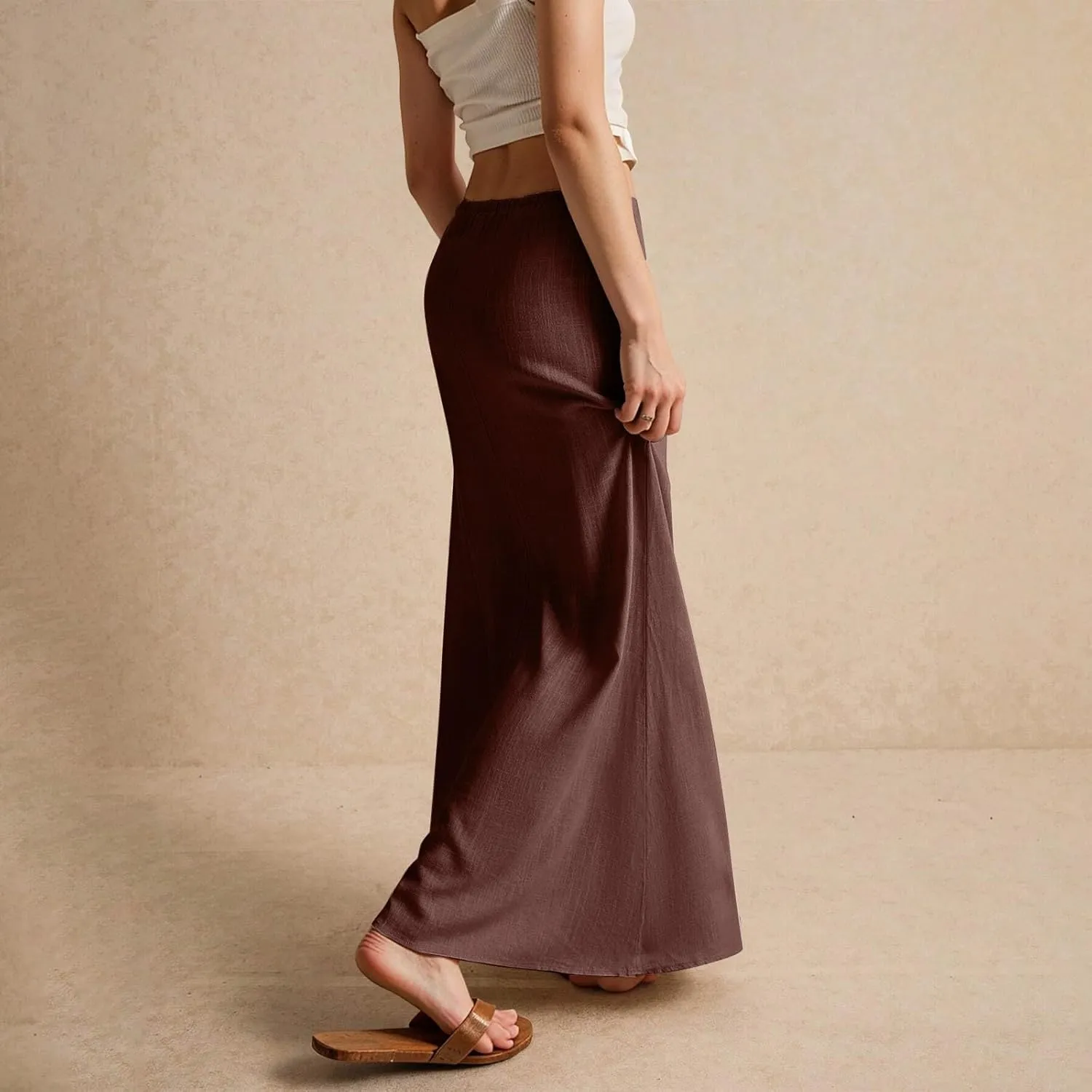 Linen Maxi Skirt for Women Trendy Summer Boho Flowy Drawstring A Line Skirts High Waisted Long Wrap Skirt