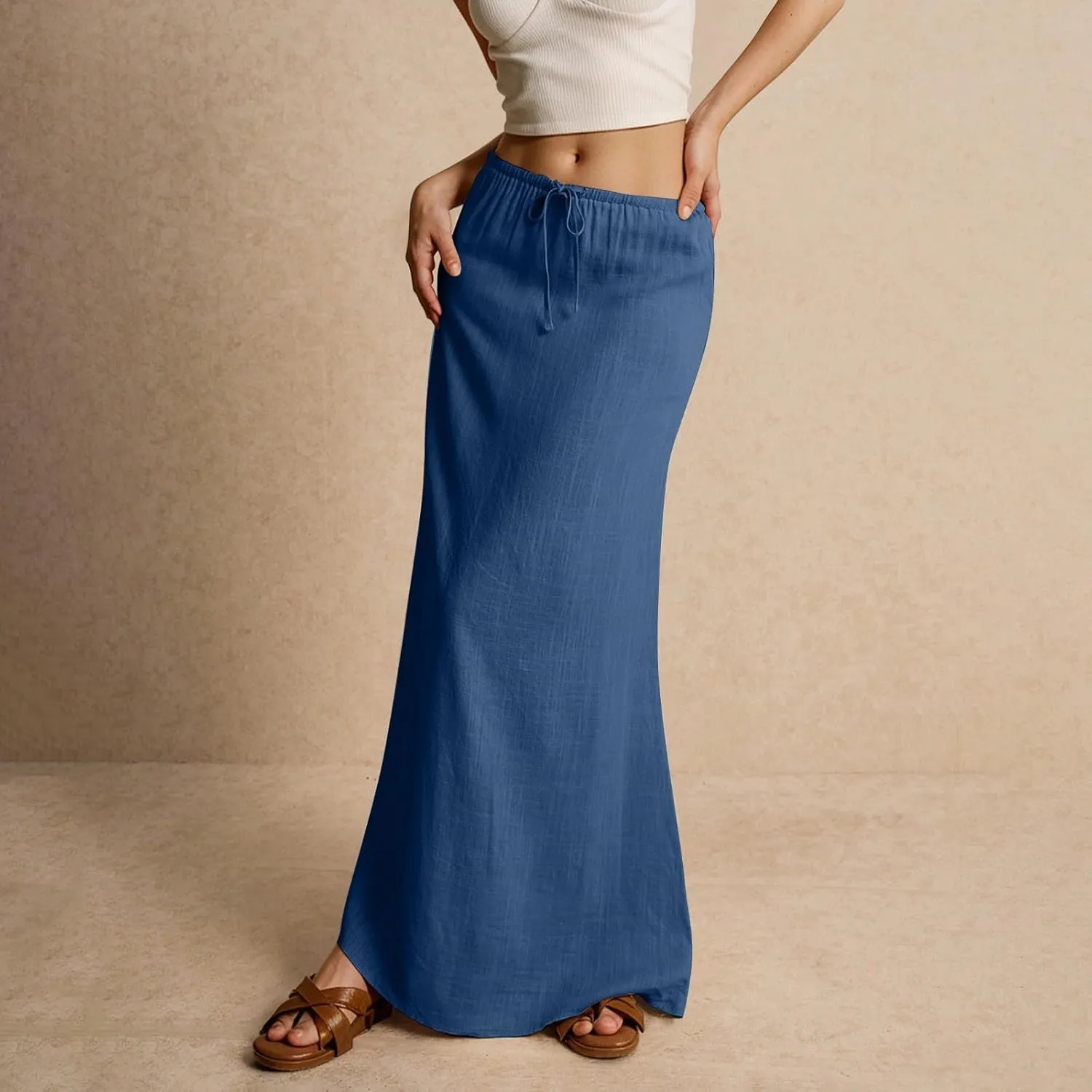 Linen Maxi Skirt for Women Trendy Summer Boho Flowy Drawstring A Line Skirts High Waisted Long Wrap Skirt