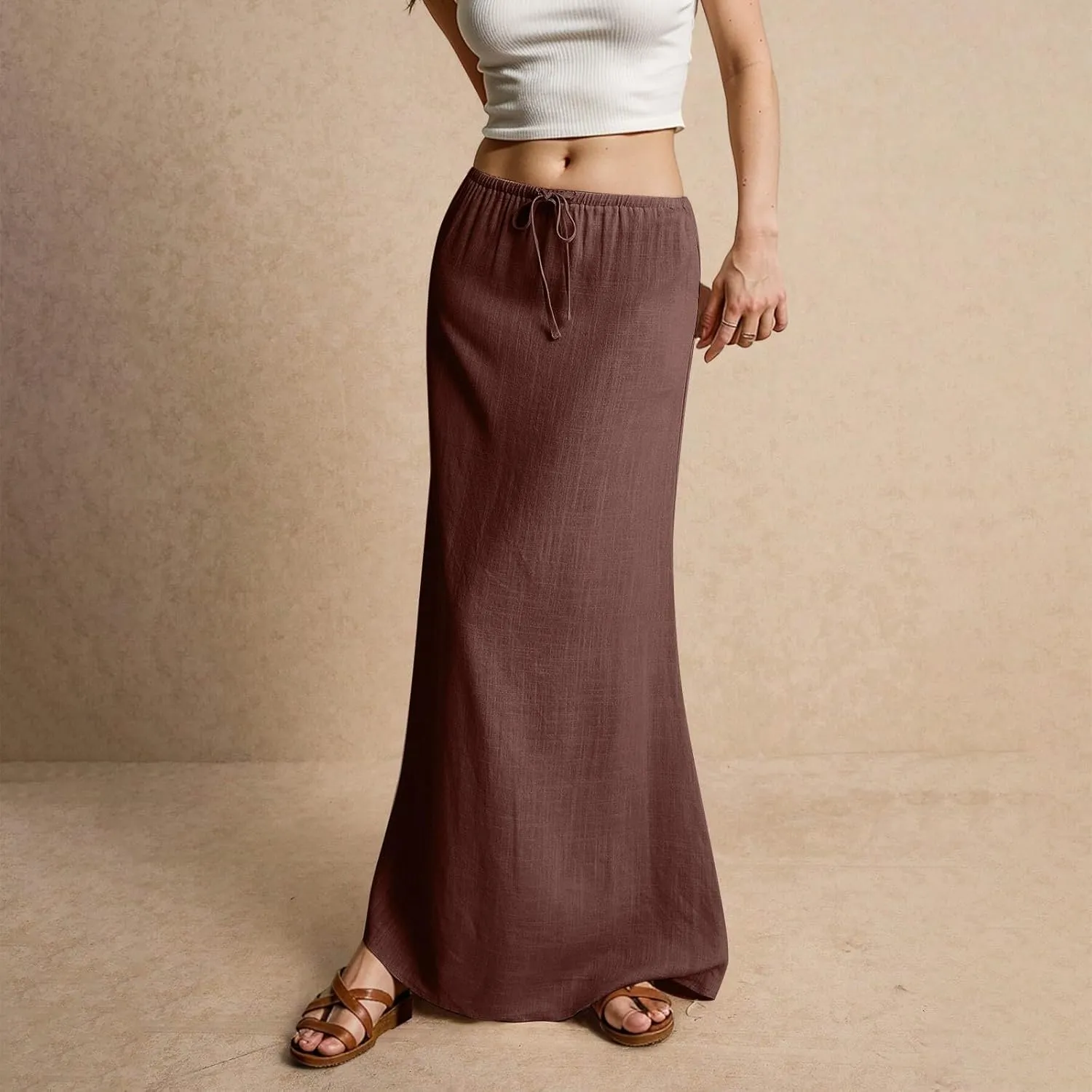 Linen Maxi Skirt for Women Trendy Summer Boho Flowy Drawstring A Line Skirts High Waisted Long Wrap Skirt
