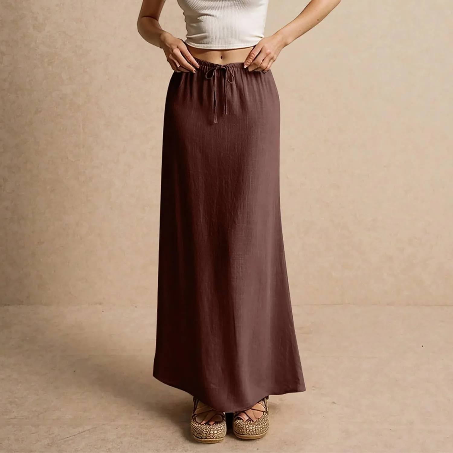 Linen Maxi Skirt for Women Trendy Summer Boho Flowy Drawstring A Line Skirts High Waisted Long Wrap Skirt